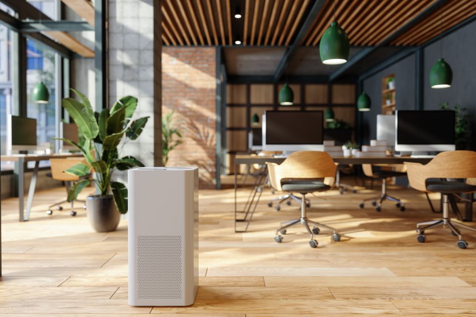 Air Purifier In Modern Open Plan Office For Fresh Air, Healthy Life, Cleaning And Removing Dust.