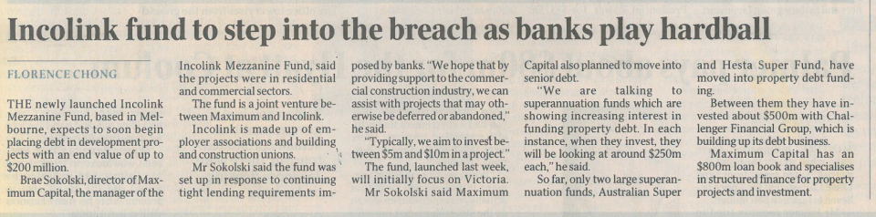 The Australian Newspaper: MaxCap Pioneers Institutional Mezzanine Product