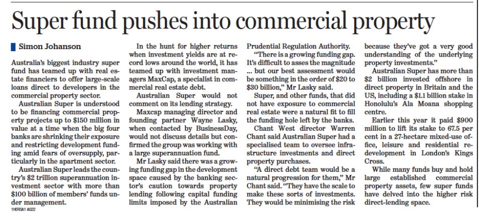 The Sydney Morning Herald: 'Super fund pushes into commercial property' The Sydney Morning Herald: 'Super fund pushes into commercial property'