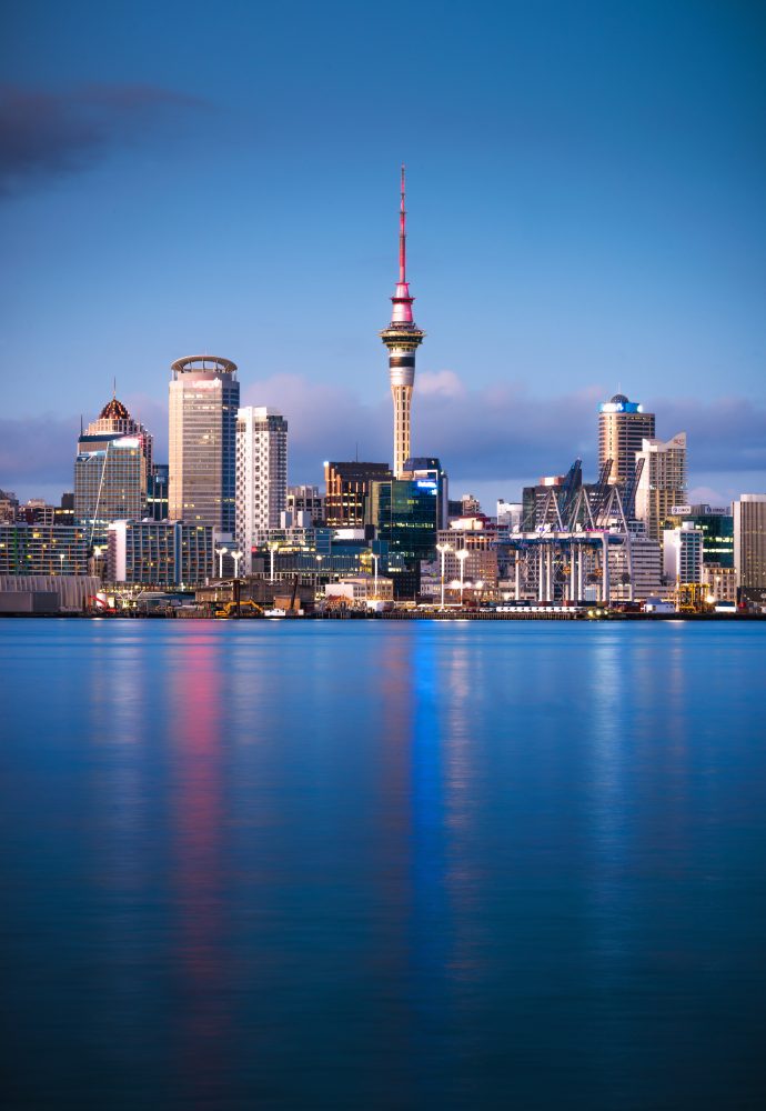 Auckland Dawn Auckland's CBD seen from across the water at dawn, with the Sky Tower in the centre of the image.